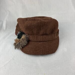 Vintage Cracker Barrel Women's Brown Newsboy Hat Cap One Size Feather Accent